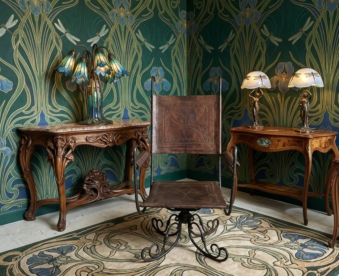 Fauteuil ancien de style art déco dans un cadre élégant avec des lampes et des meubles sophistiqués.