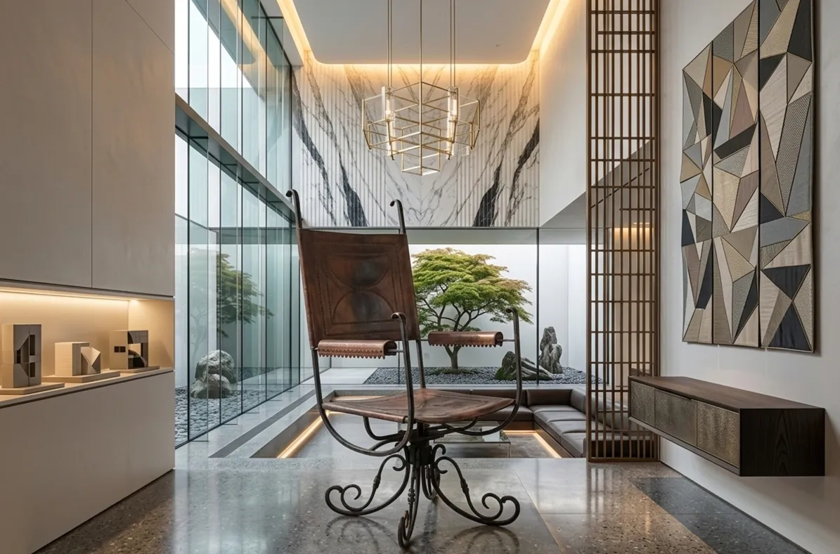 Poltrona antiga em um ambiente contemporâneo com plantas