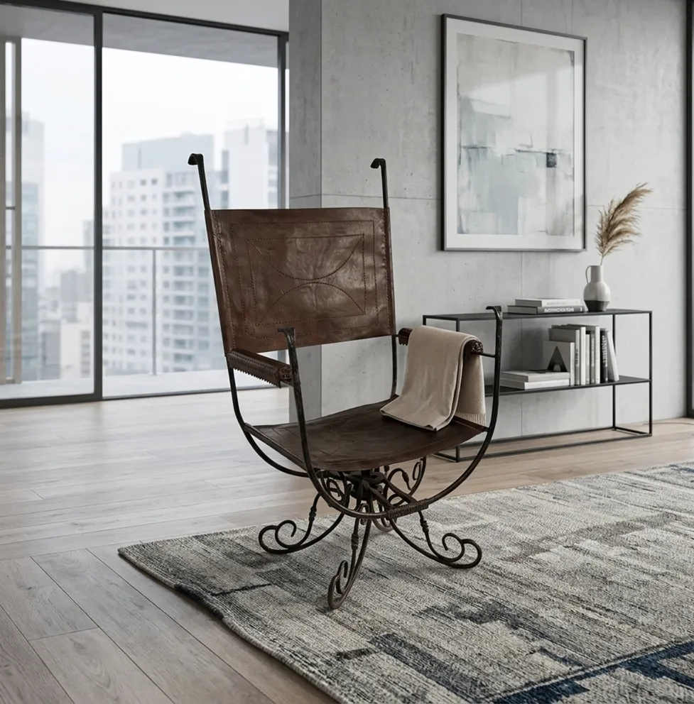 Antiker Sessel mit elegantem Design und Art Deco Details in modernem Umfeld.