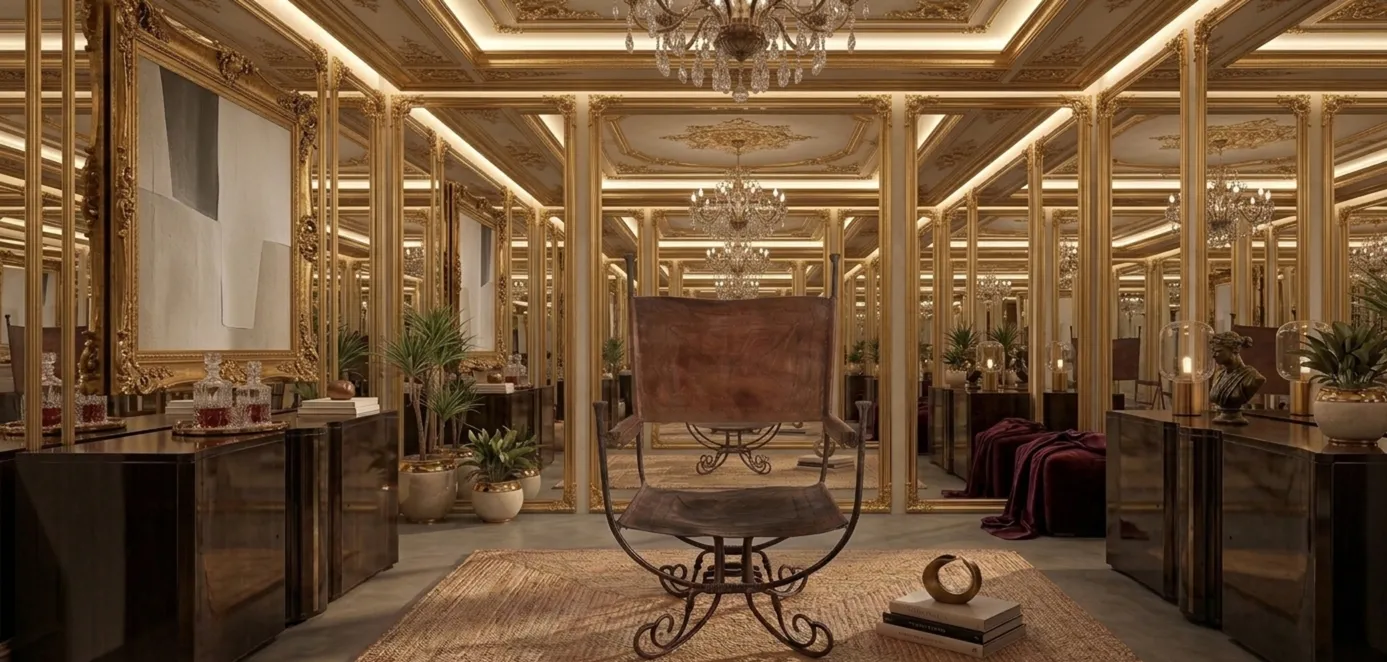Poltrona antica in un ambiente elegante con specchi