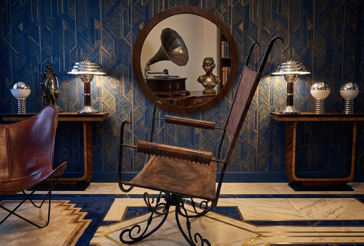 Poltrona antiga estilo art deco com detalhes em metal e couro, em um ambiente elegante.