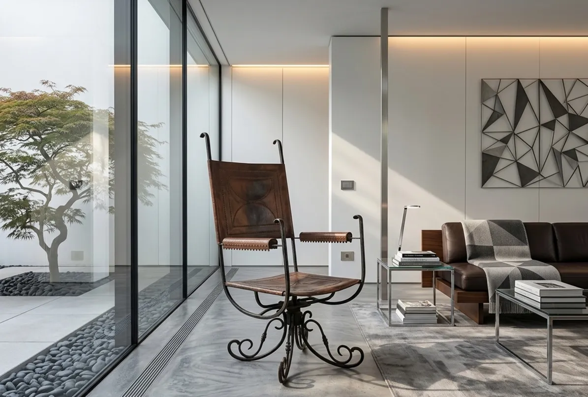 Sillón antiguo de estilo Art Deco en una habitación moderna