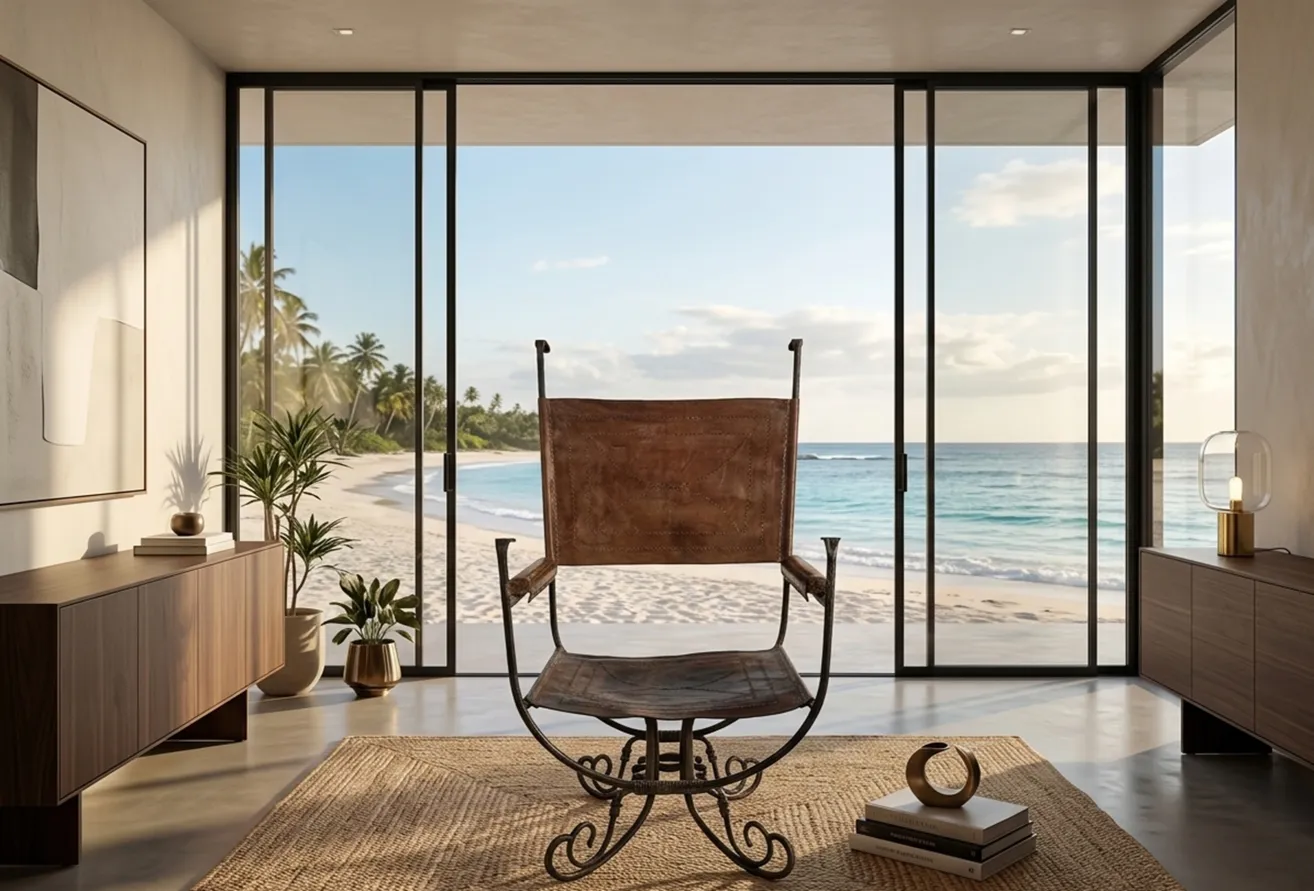 Fauteuil ancien avec vue sur la mer dans un cadre accueillant.