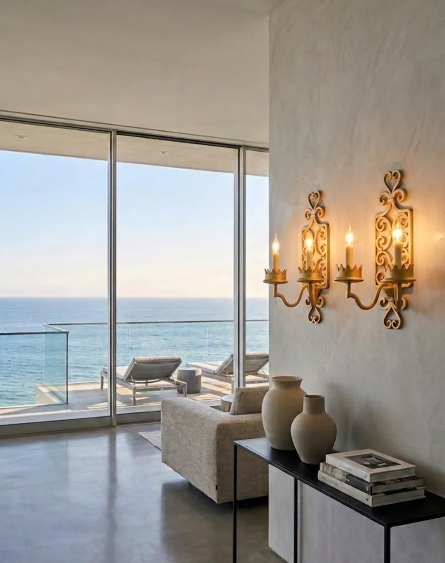 Antique pair of sconces providing soft light in a modern setting