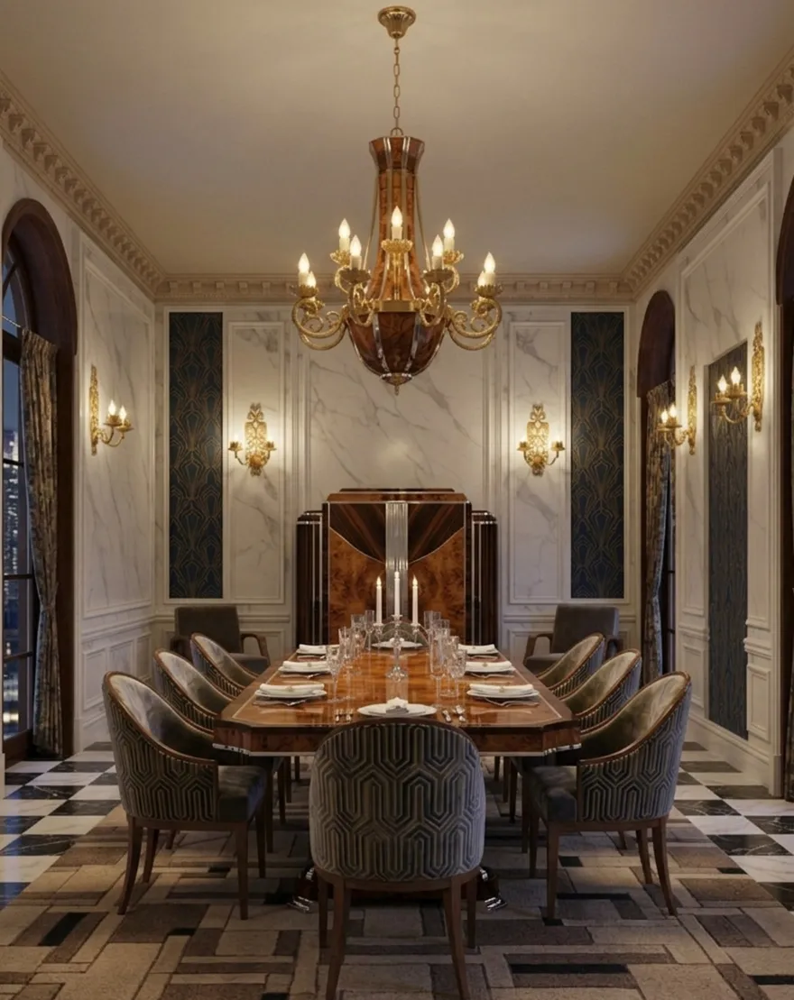 antique pair of sconces illuminating an elegant dining room with marble