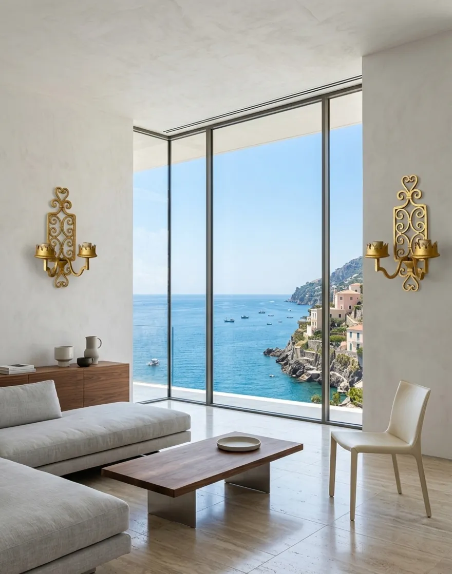 Antique gold sconces illuminating a modern interior with sea views.