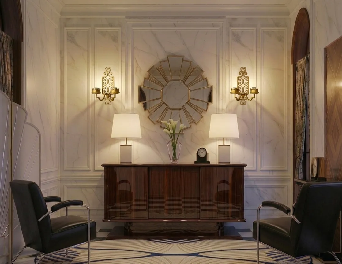 Coppia di applique antiche che illuminano un elegante soggiorno con un tavolo in legno e uno specchio moderno.