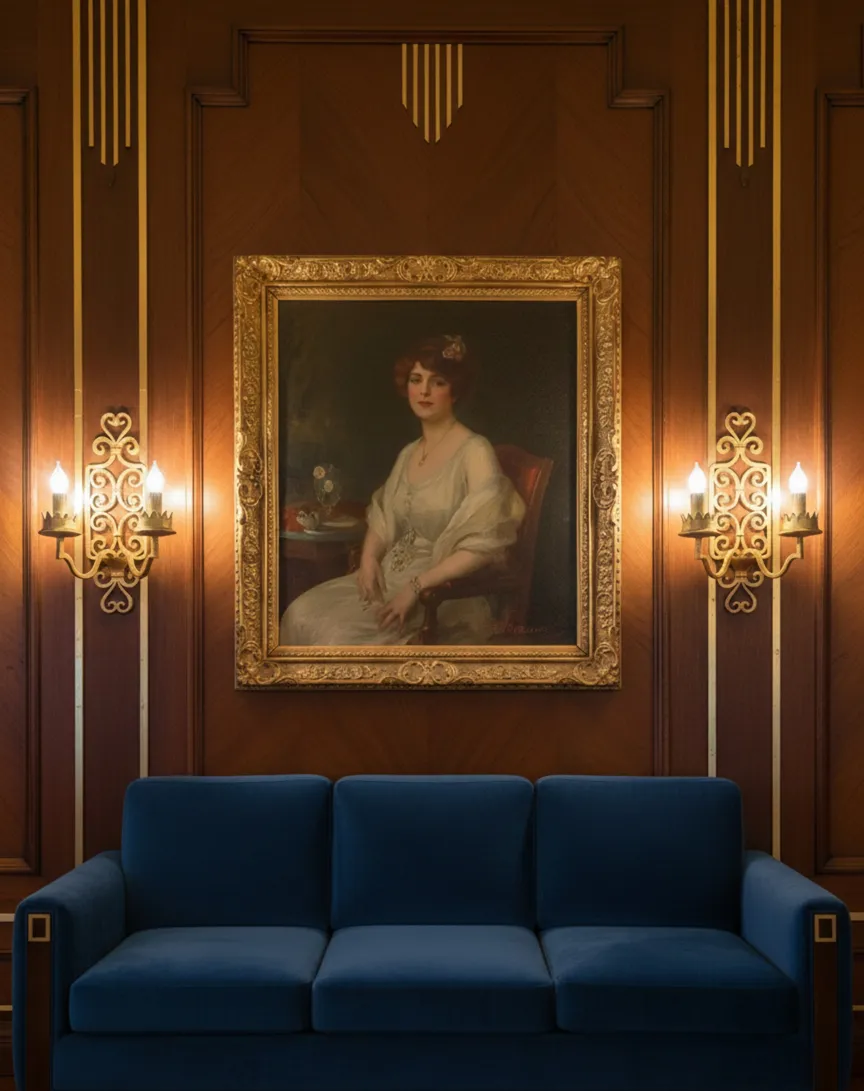 par-de-luminárias-de-parede-antigas-em-uma-parede-decorativa-perto-de-um-sofá-azul-com-um-quadro-clássico-ao-fundo