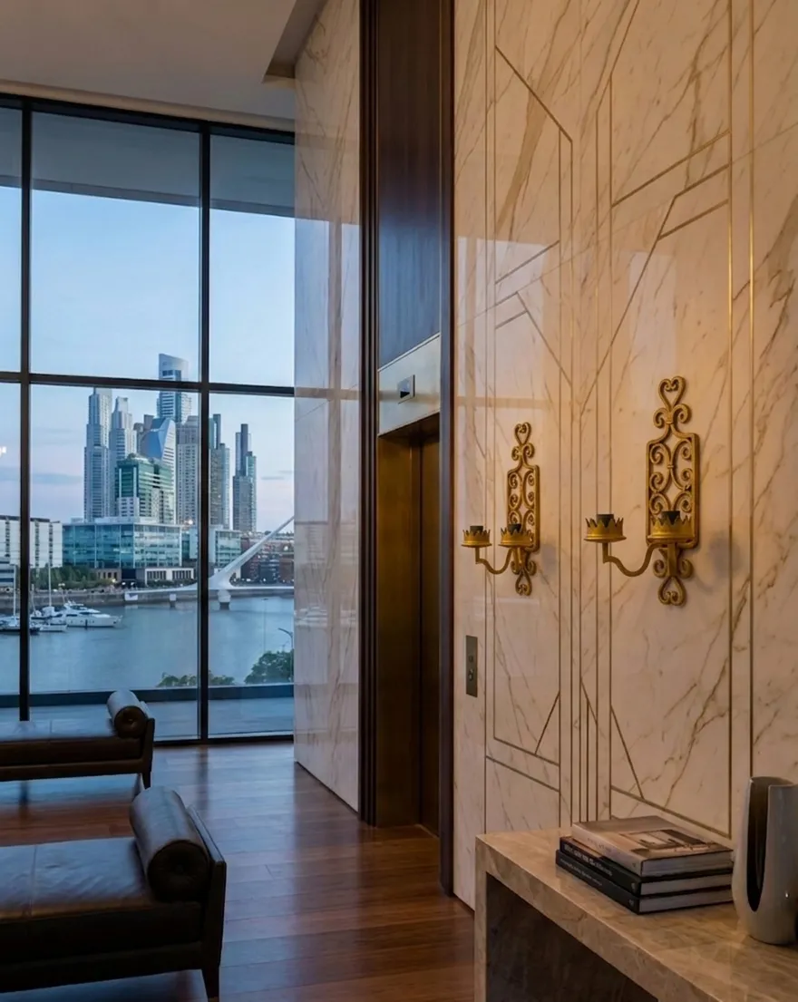 dois apliques antigos decorativos em uma parede com vista