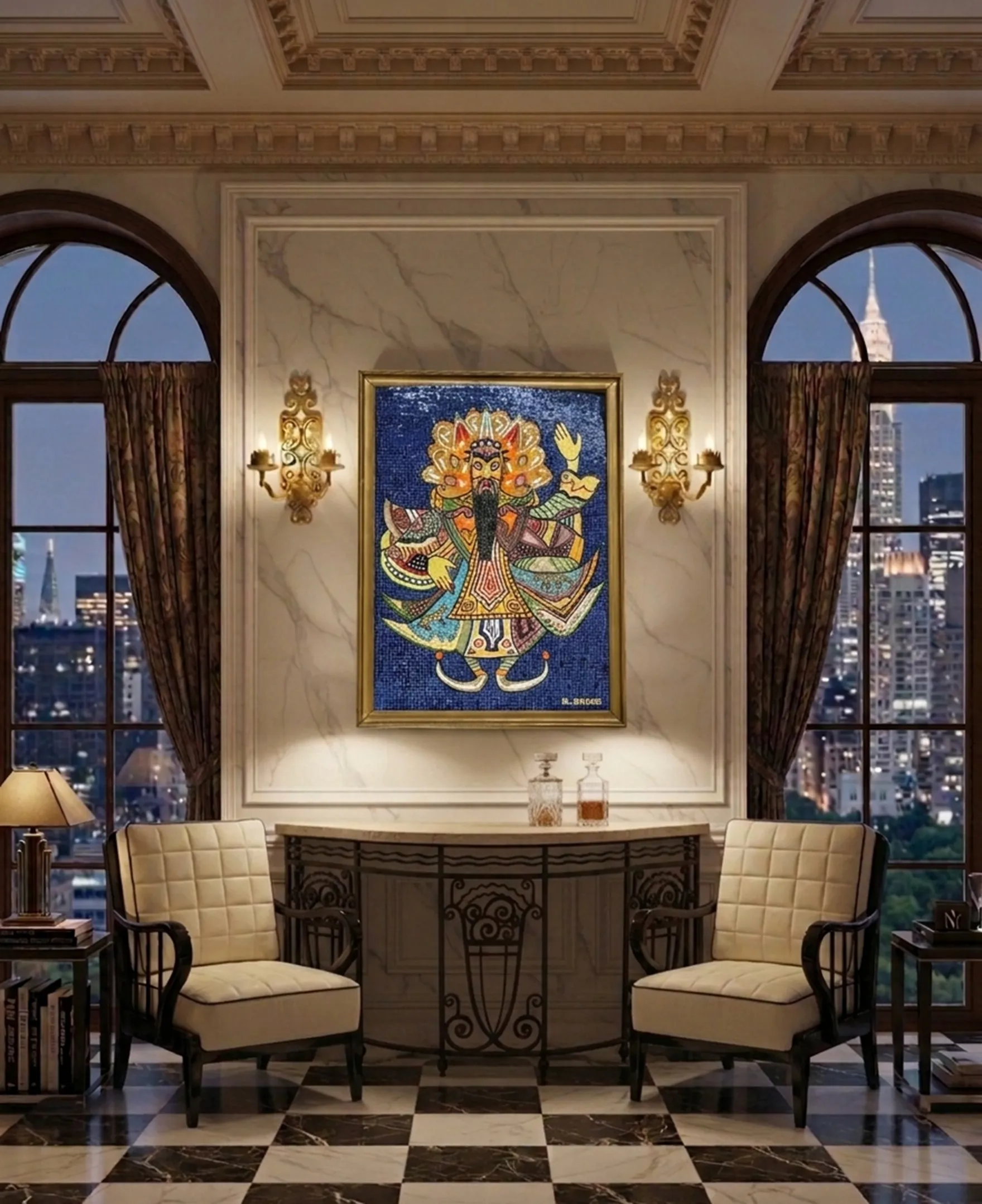 Antique mosaic panel on wall with divine design and vibrant colors in an elegant setting.