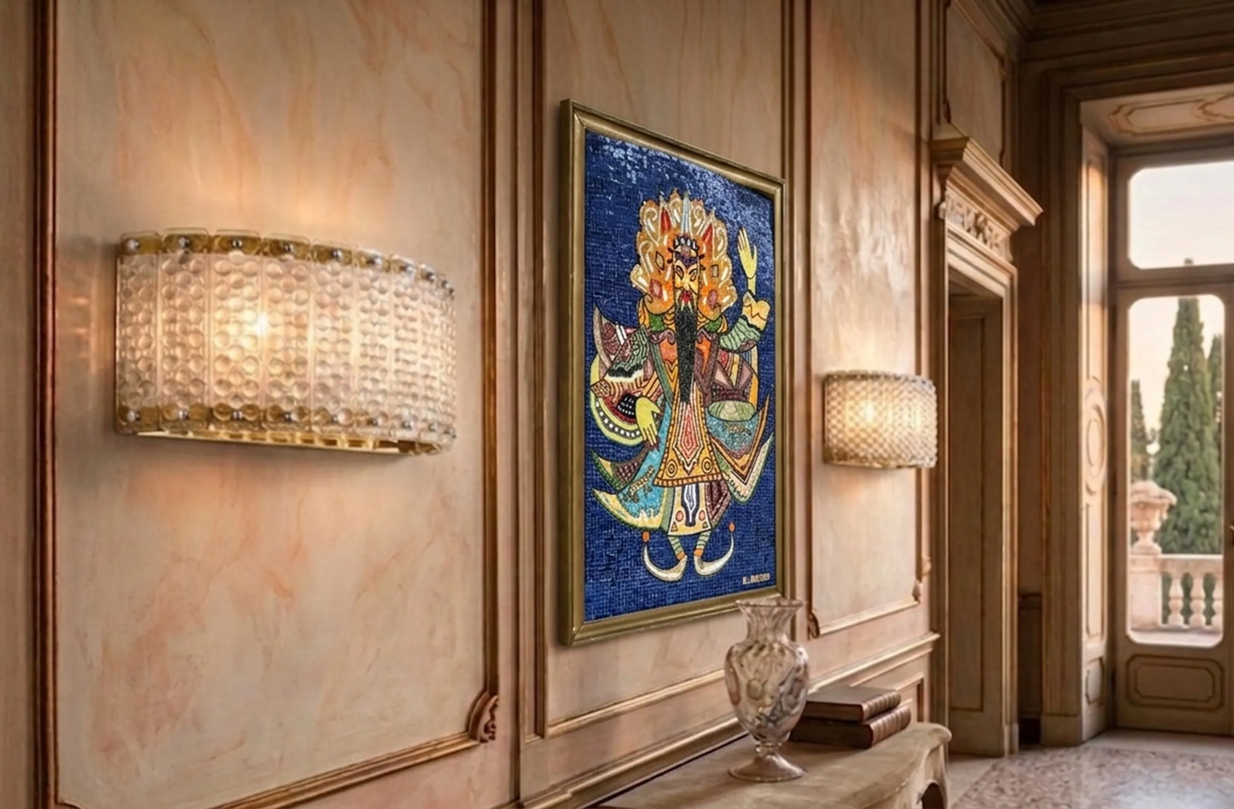 Antikes Mosaikbild mit buntem Design an der Wand