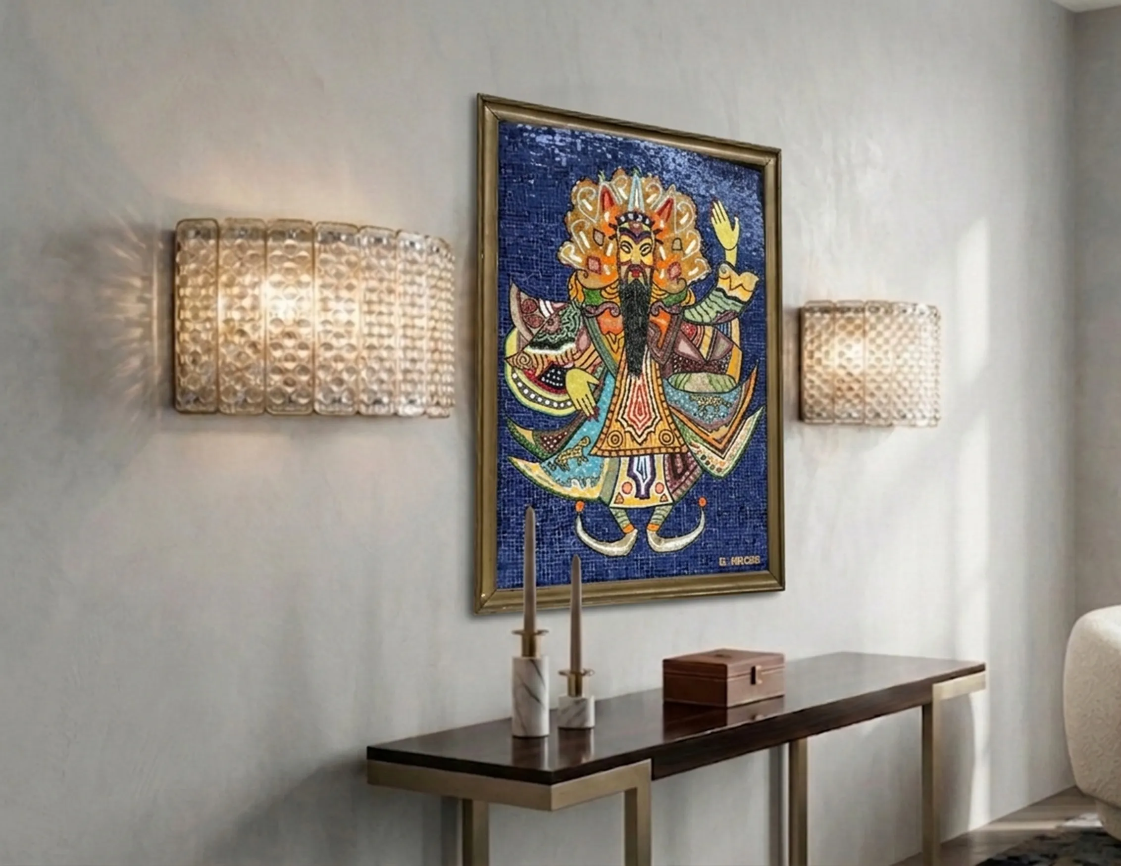 Antique mosaic panel with colorful designs on a decorative wall