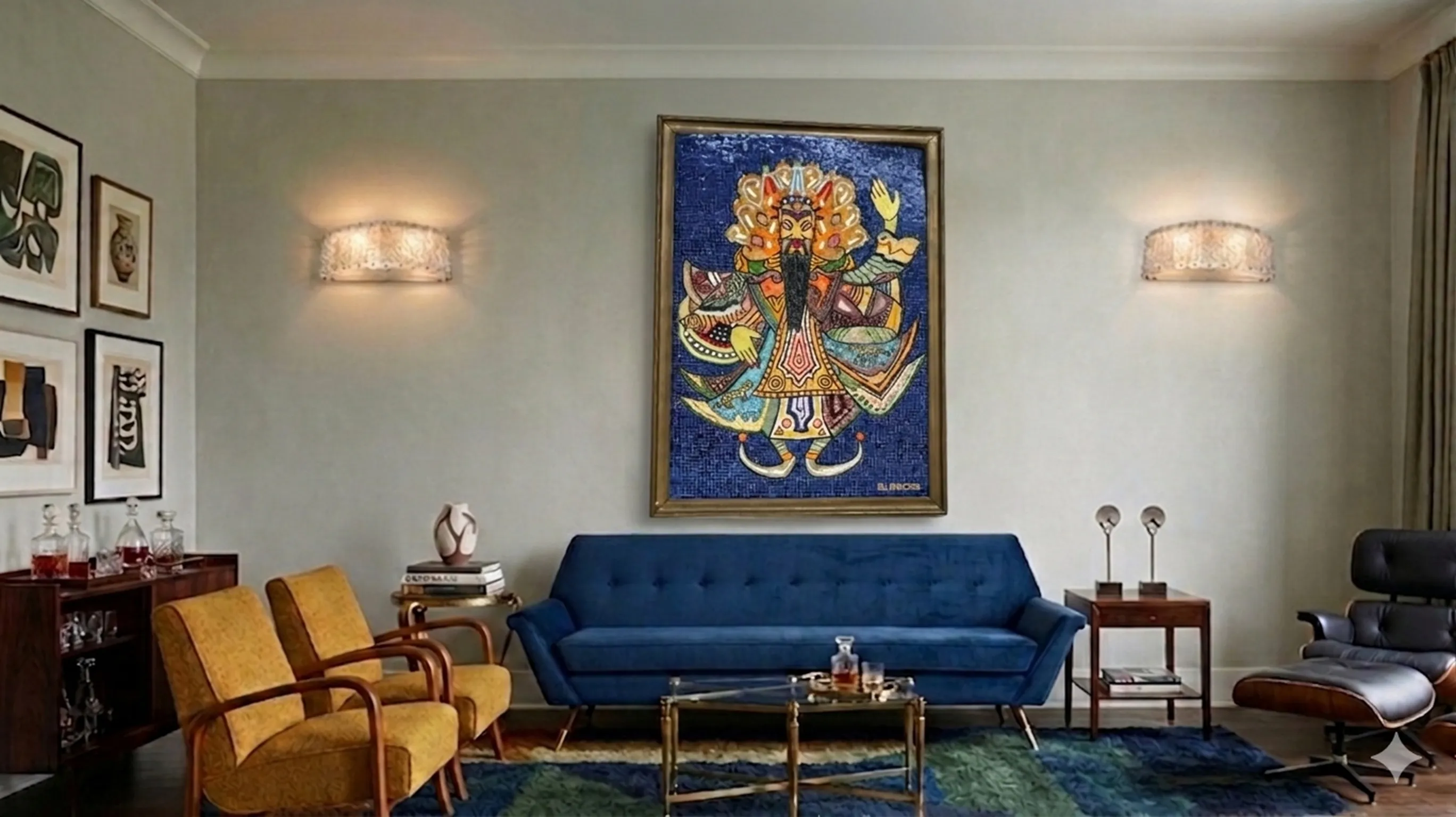 quadro a mosaico antico in blu e oro