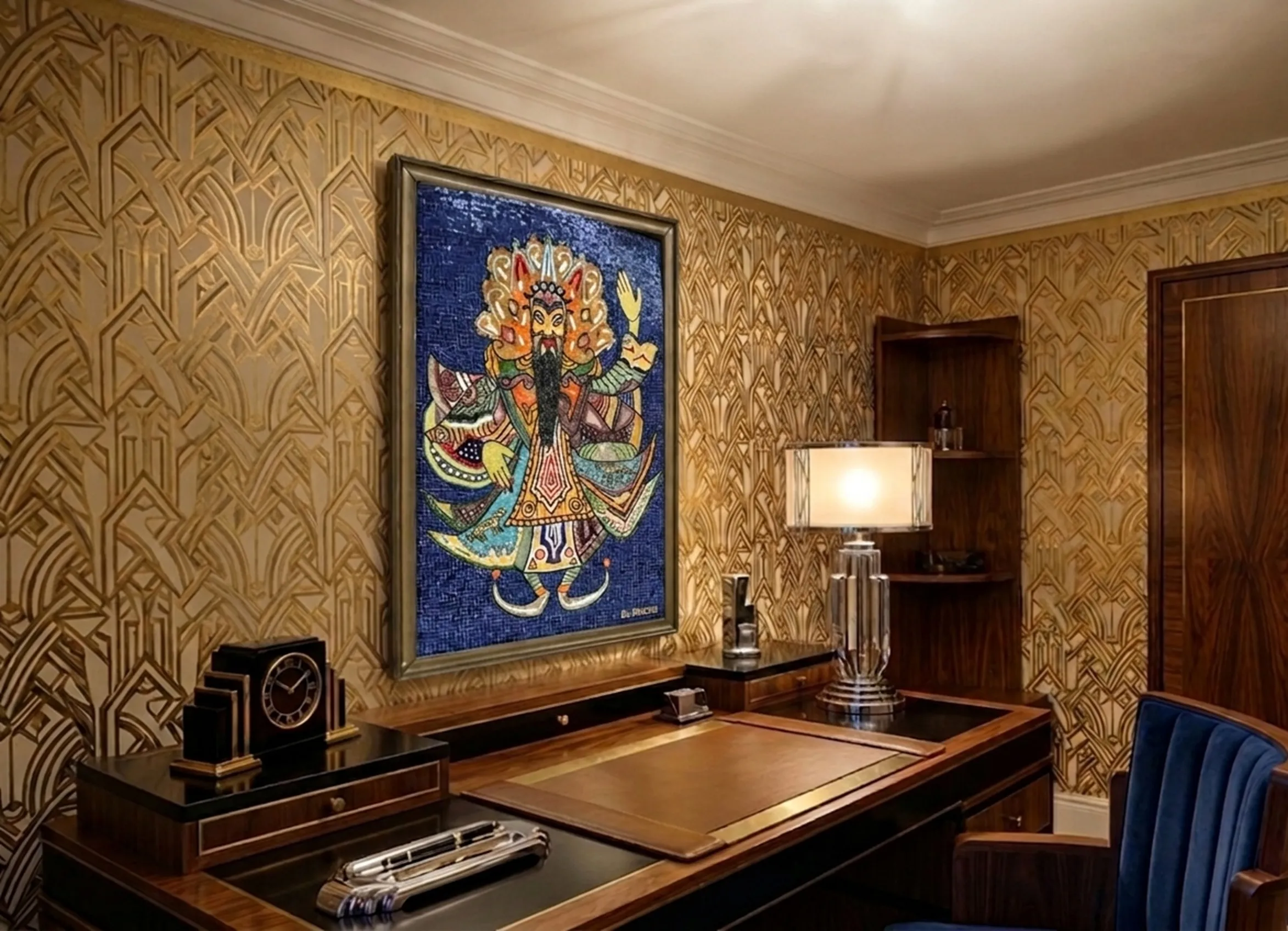 Quadrro de mosaico antigo com design colorido em ambiente clássico.