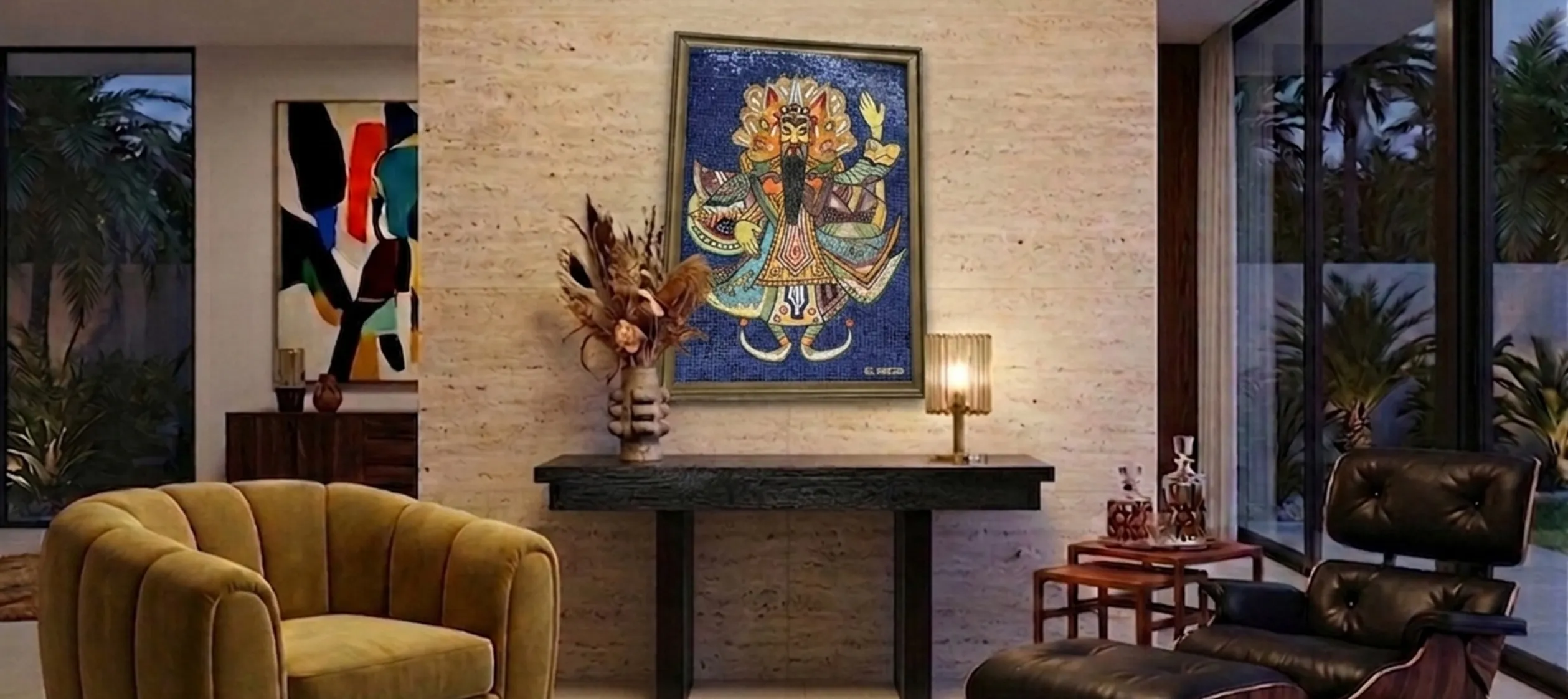 Antique mosaic panel with vibrant colors in a modern setting.