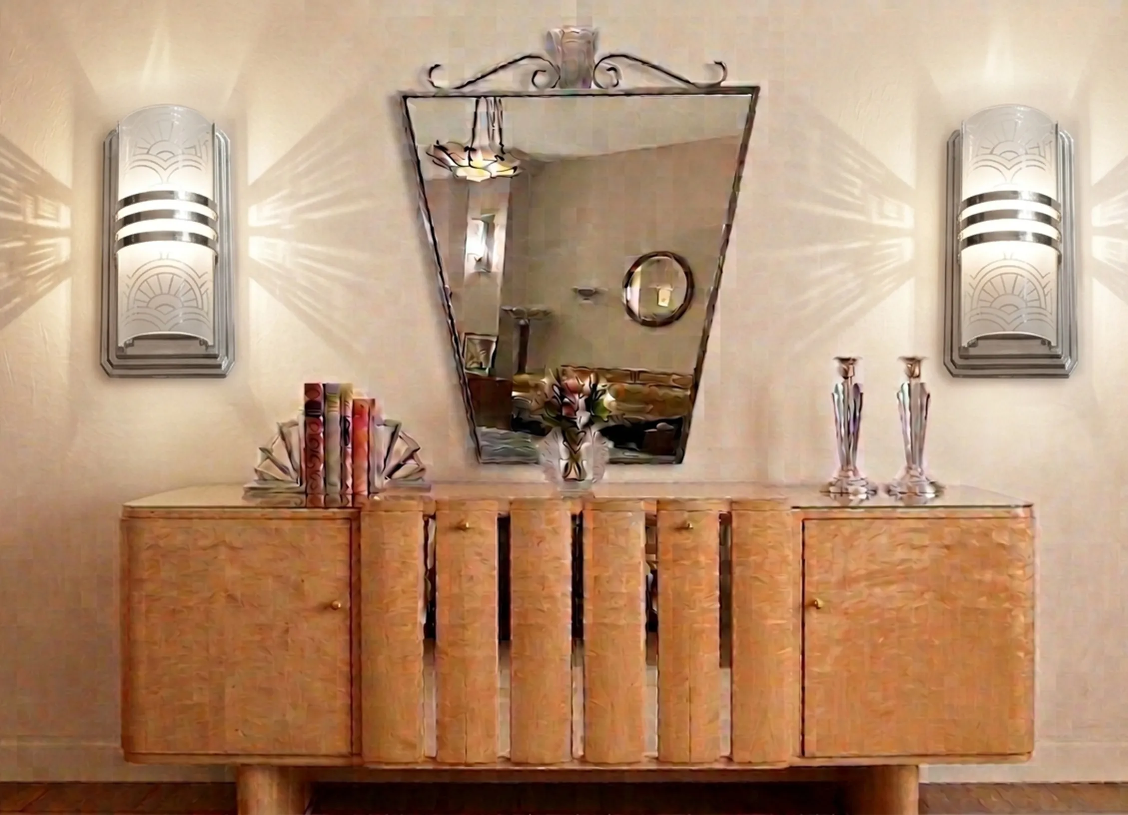 antique sconces illuminating an elegant room with a mirror and flowers