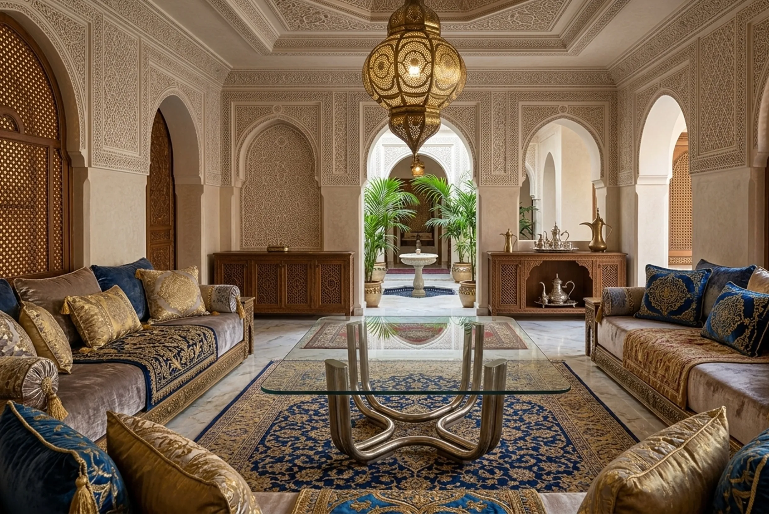 Antique coffee table in a cozy setting with elaborate decor