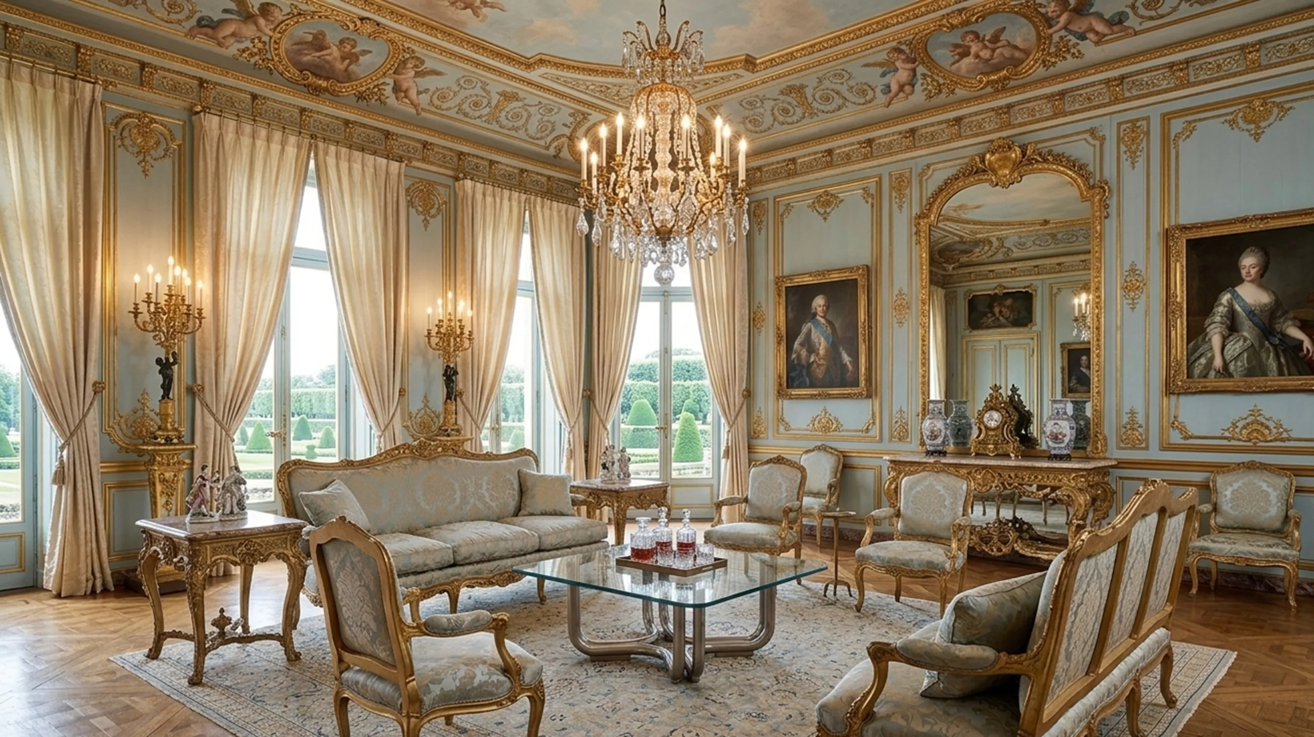 table basse antique dans un salon élégant avec une décoration classique