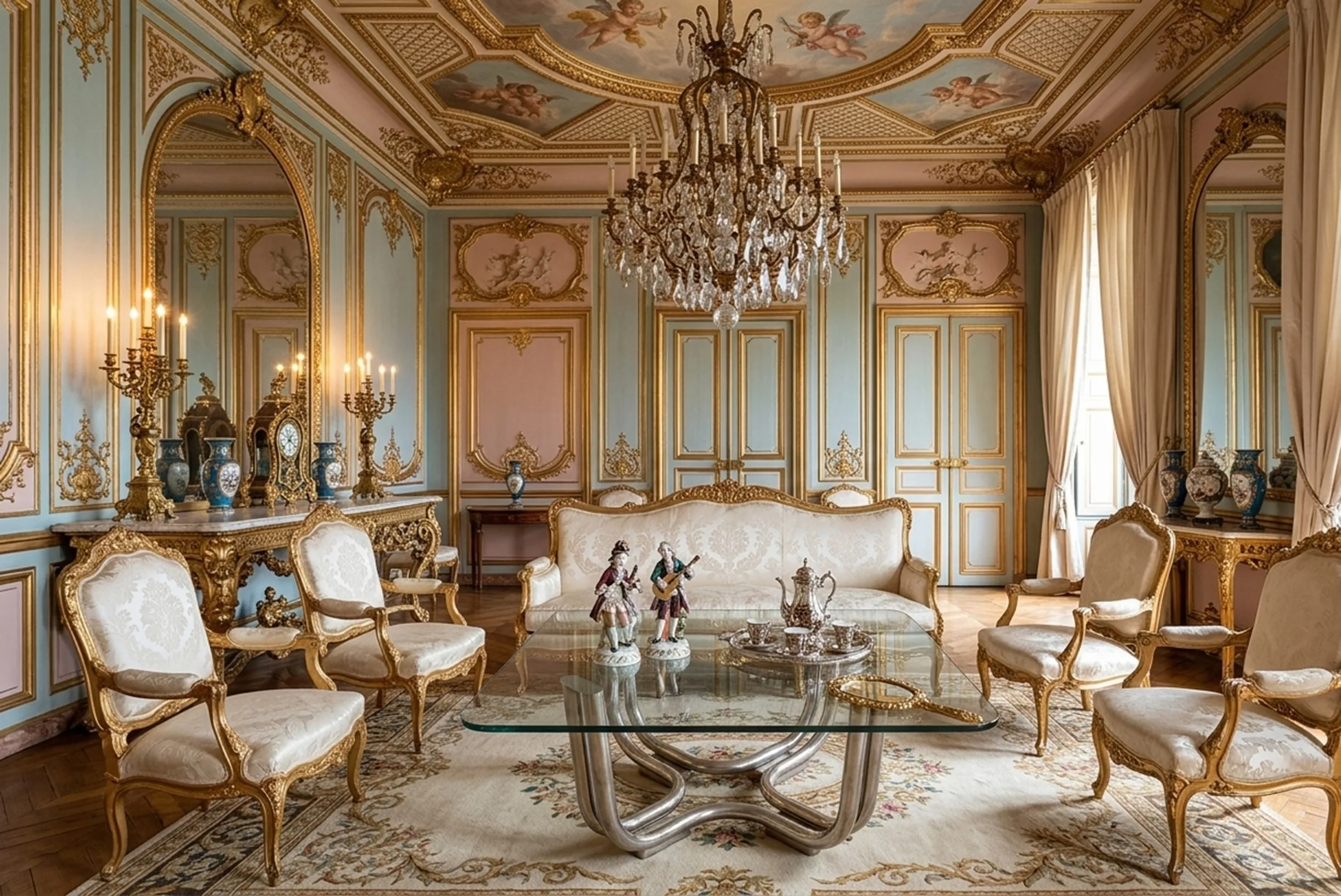 mesa de centro antiga em uma sala elegante com candelabros