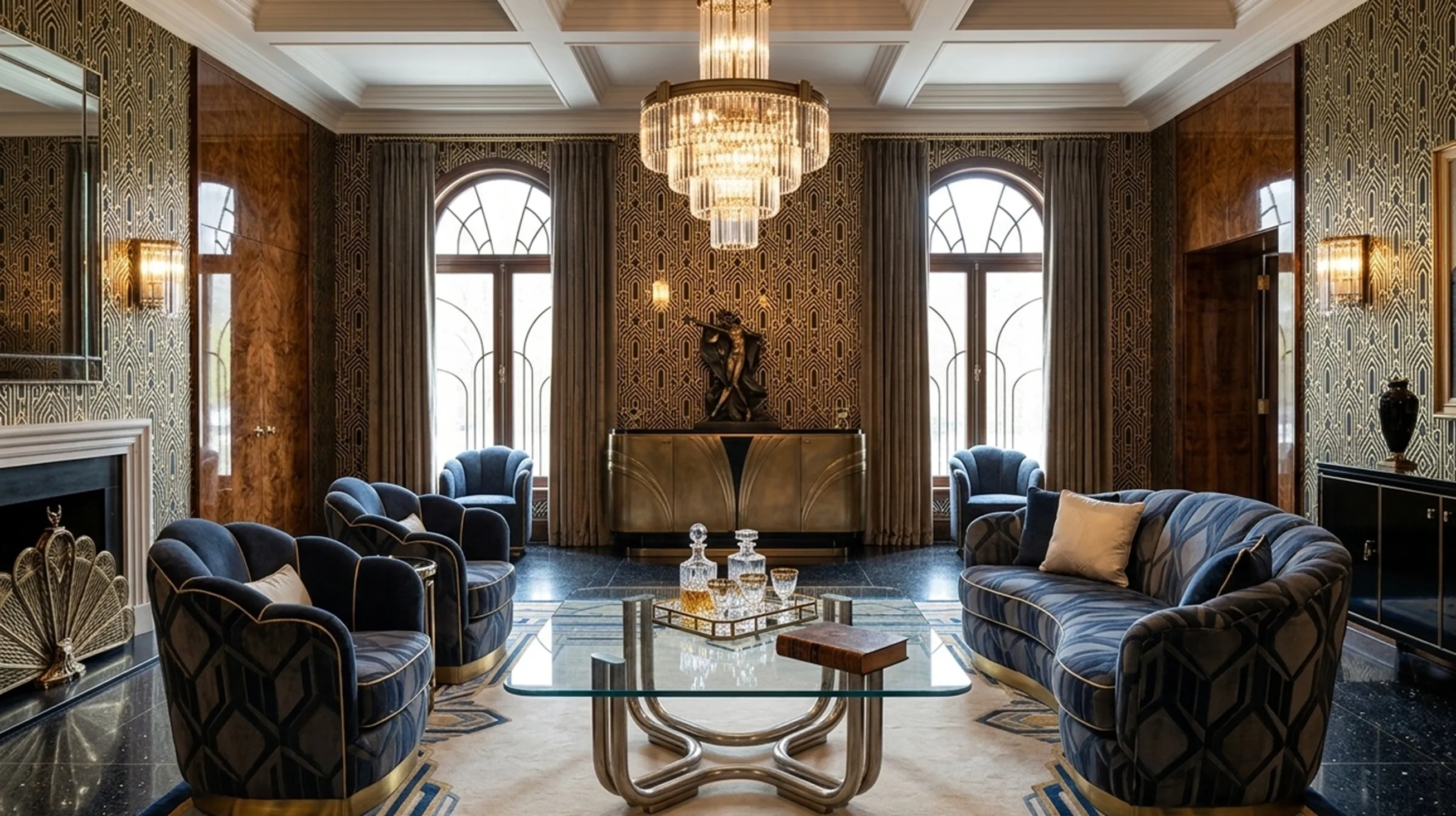 Tavolino da caffè antico in un ambiente elegante con poltrone blu e dettagli decorativi.