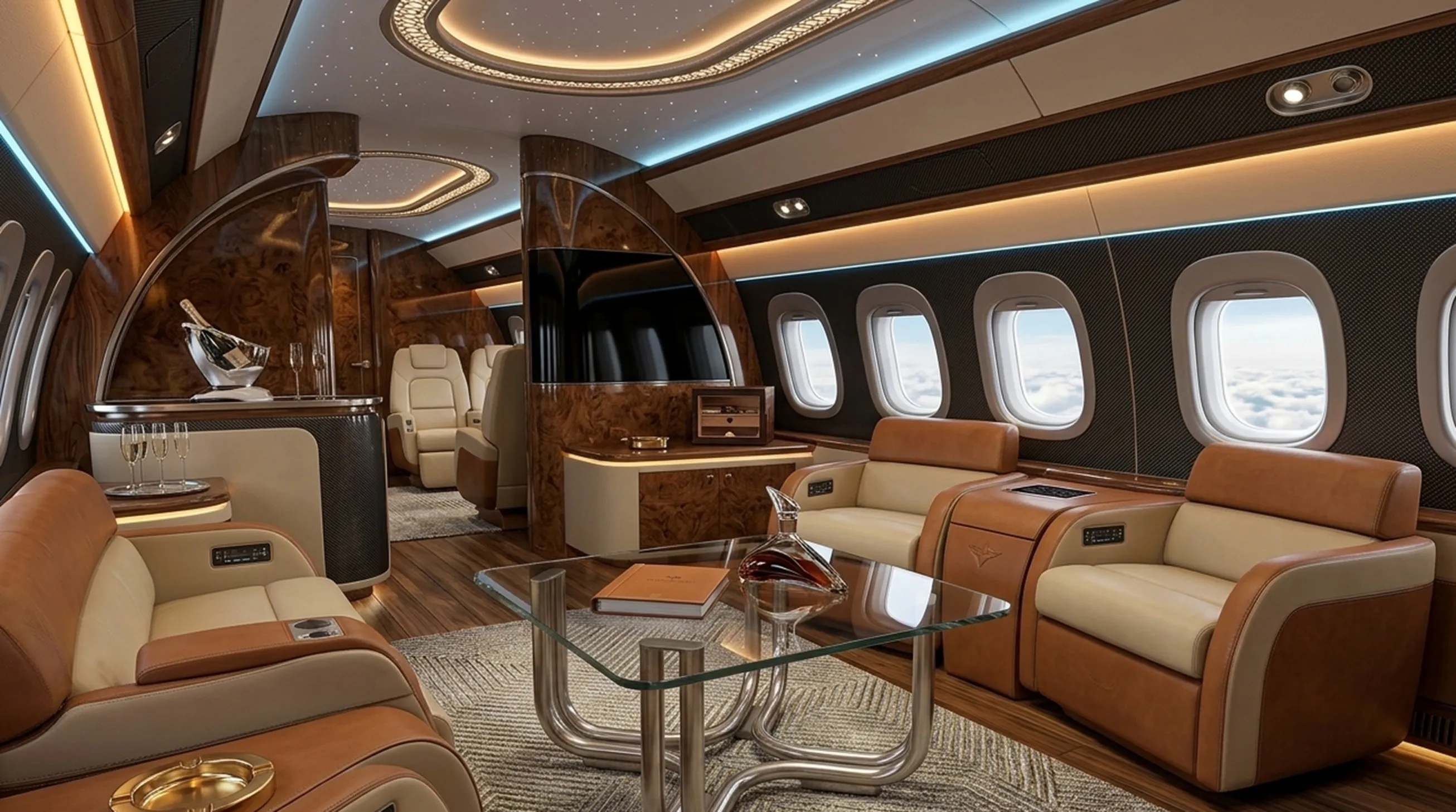 table basse antique dans un intérieur luxueux d'avion