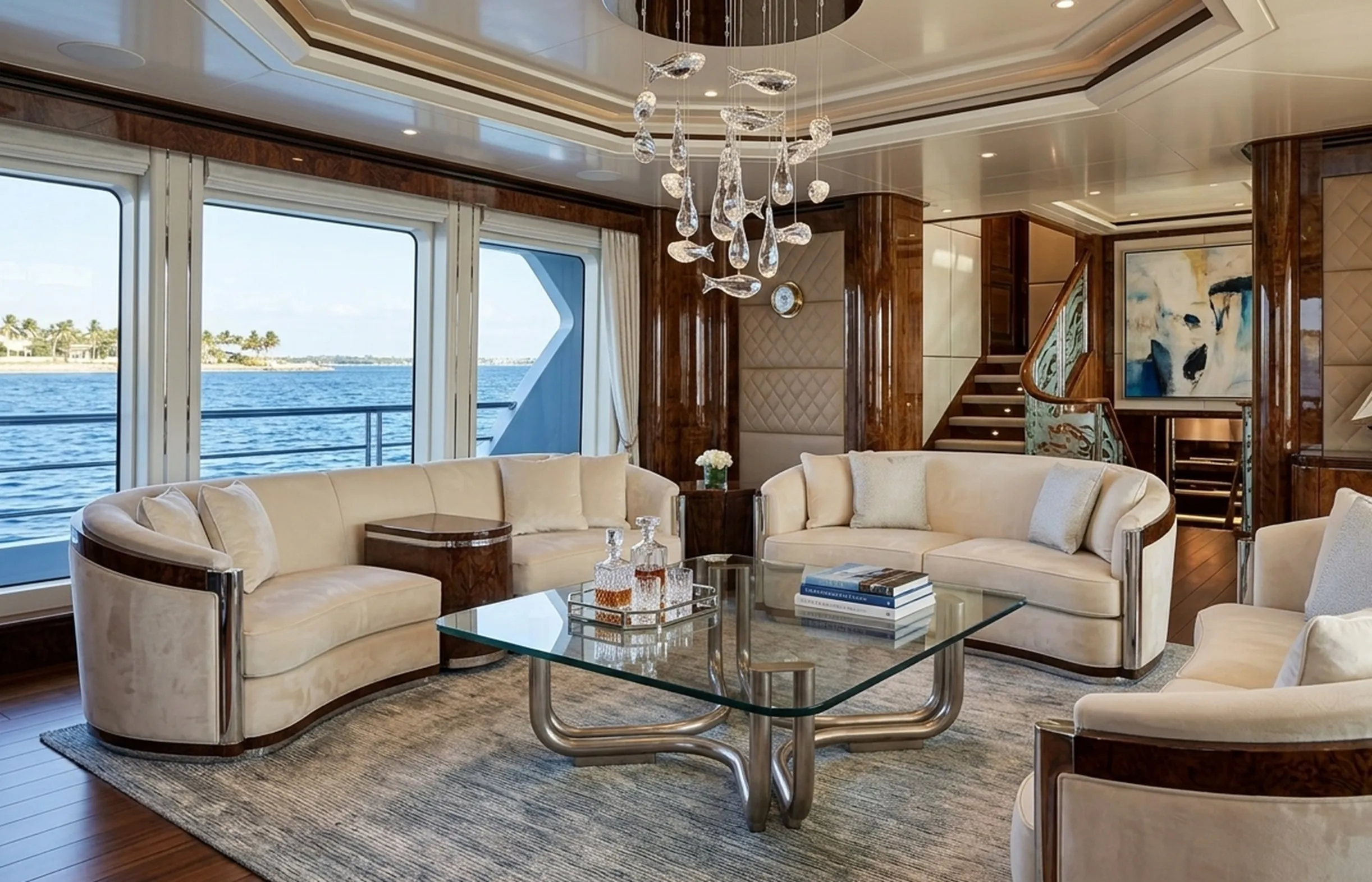 Antiker Couchtisch in einem eleganten Wohnzimmer mit Meerblick, dekoriert mit hellem Sofa und Kronleuchter