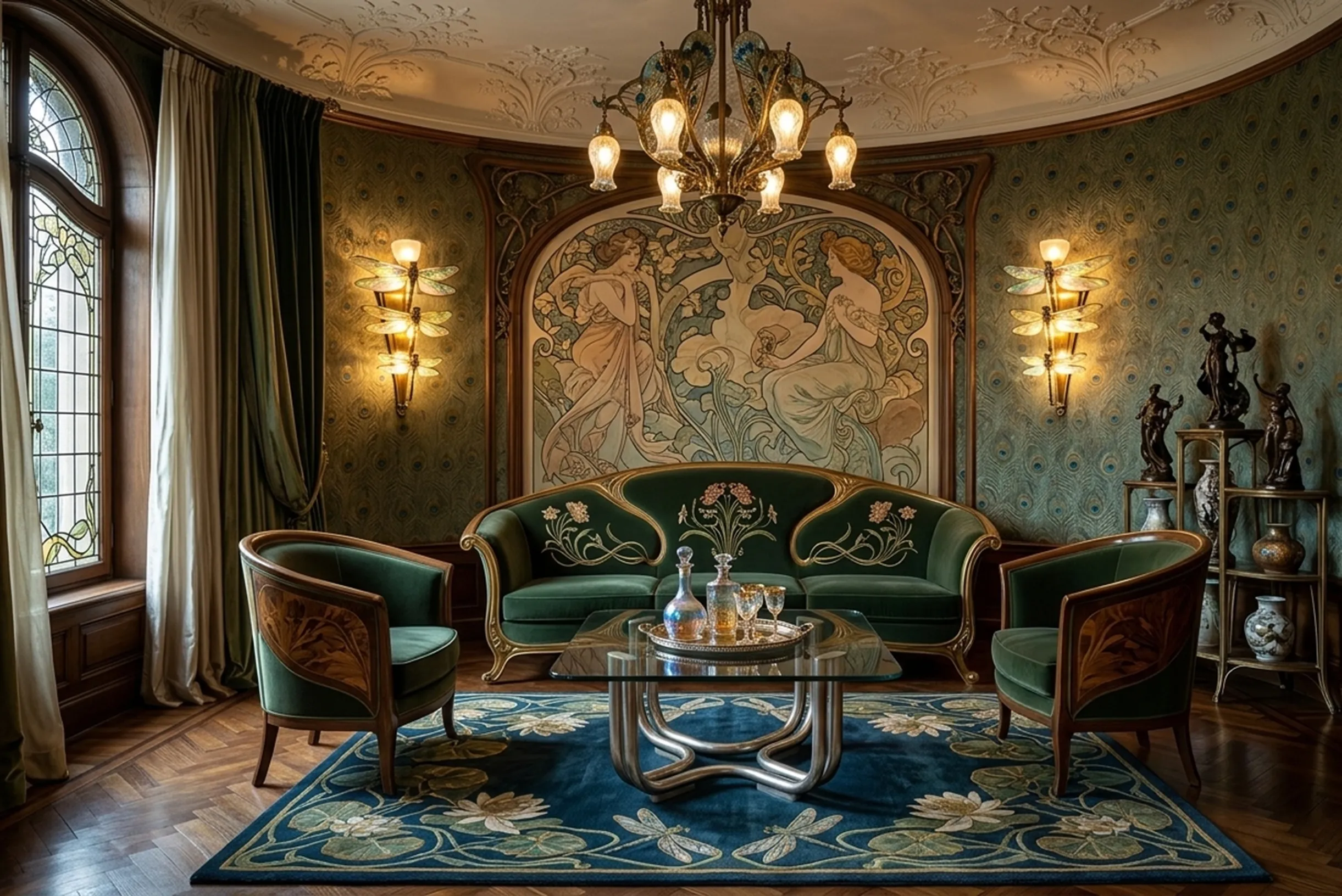 antiker Couchtisch mit Glasplatte in einem elegant dekorierten Wohnzimmer