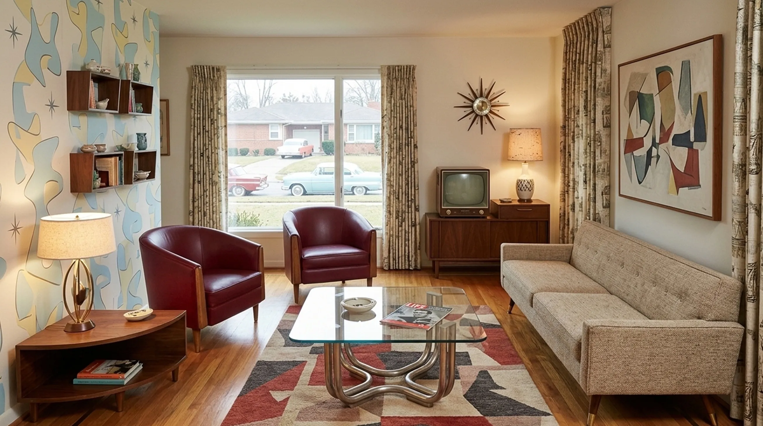 antique coffee table with glass top and metal base in a cozy setting