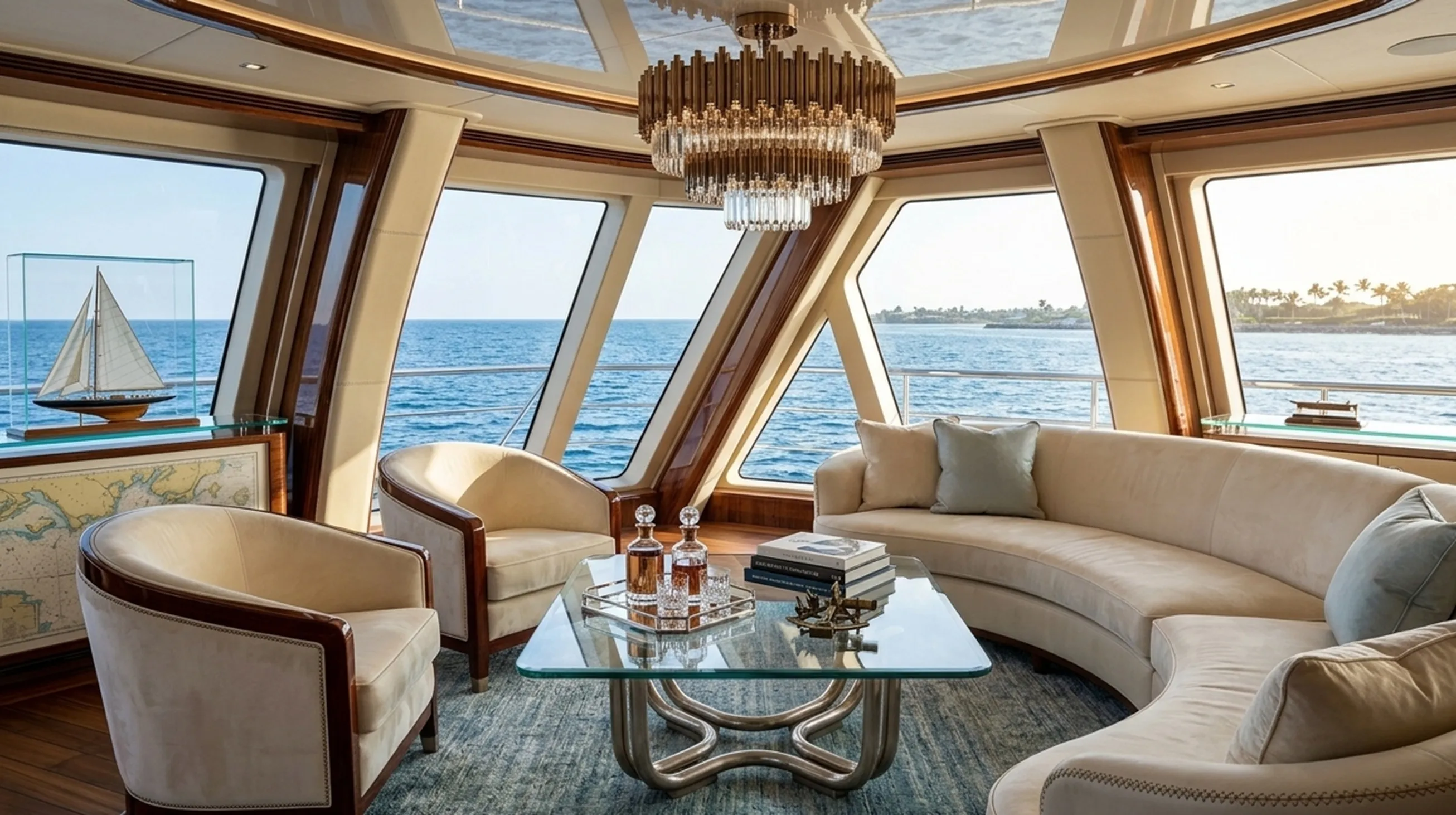 tavolino da caffè antico con piano in vetro in un ambiente elegante sul mare