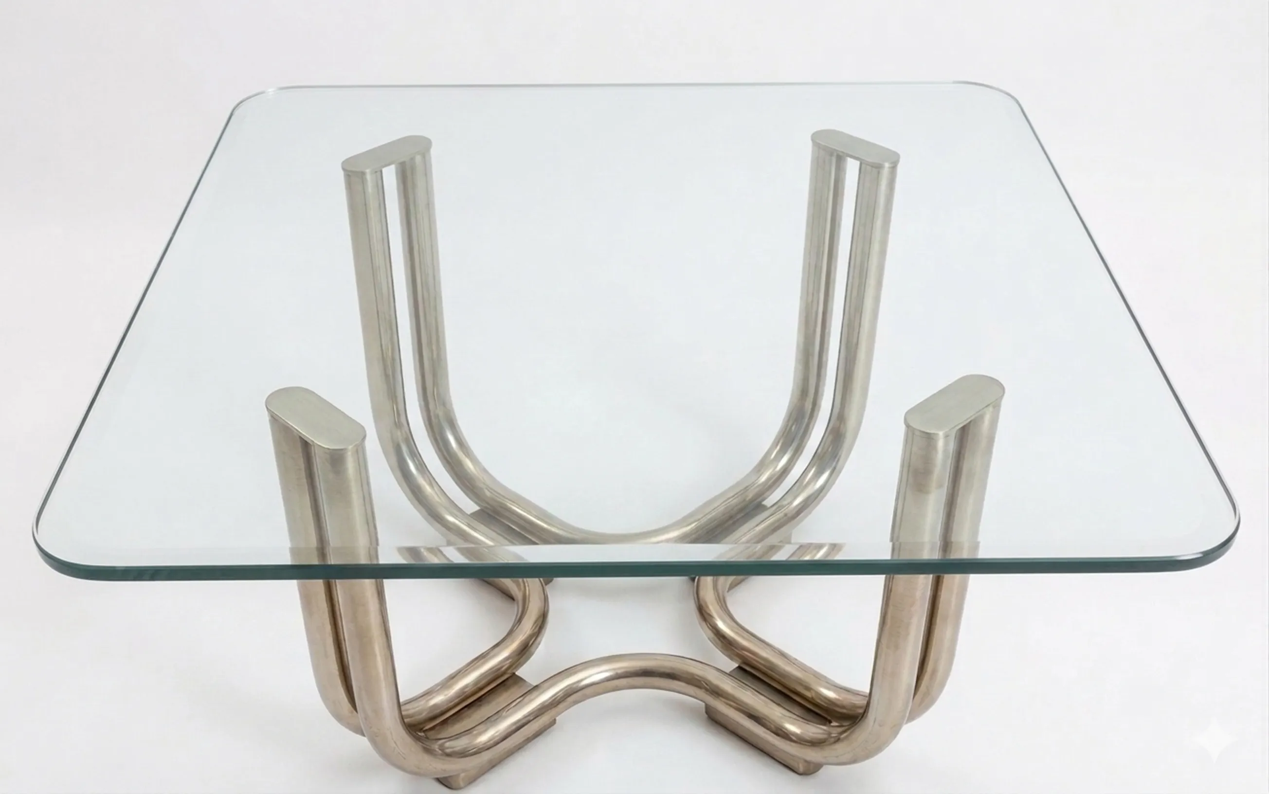 antiker couchtisch mit metallbasis und glastischplatte