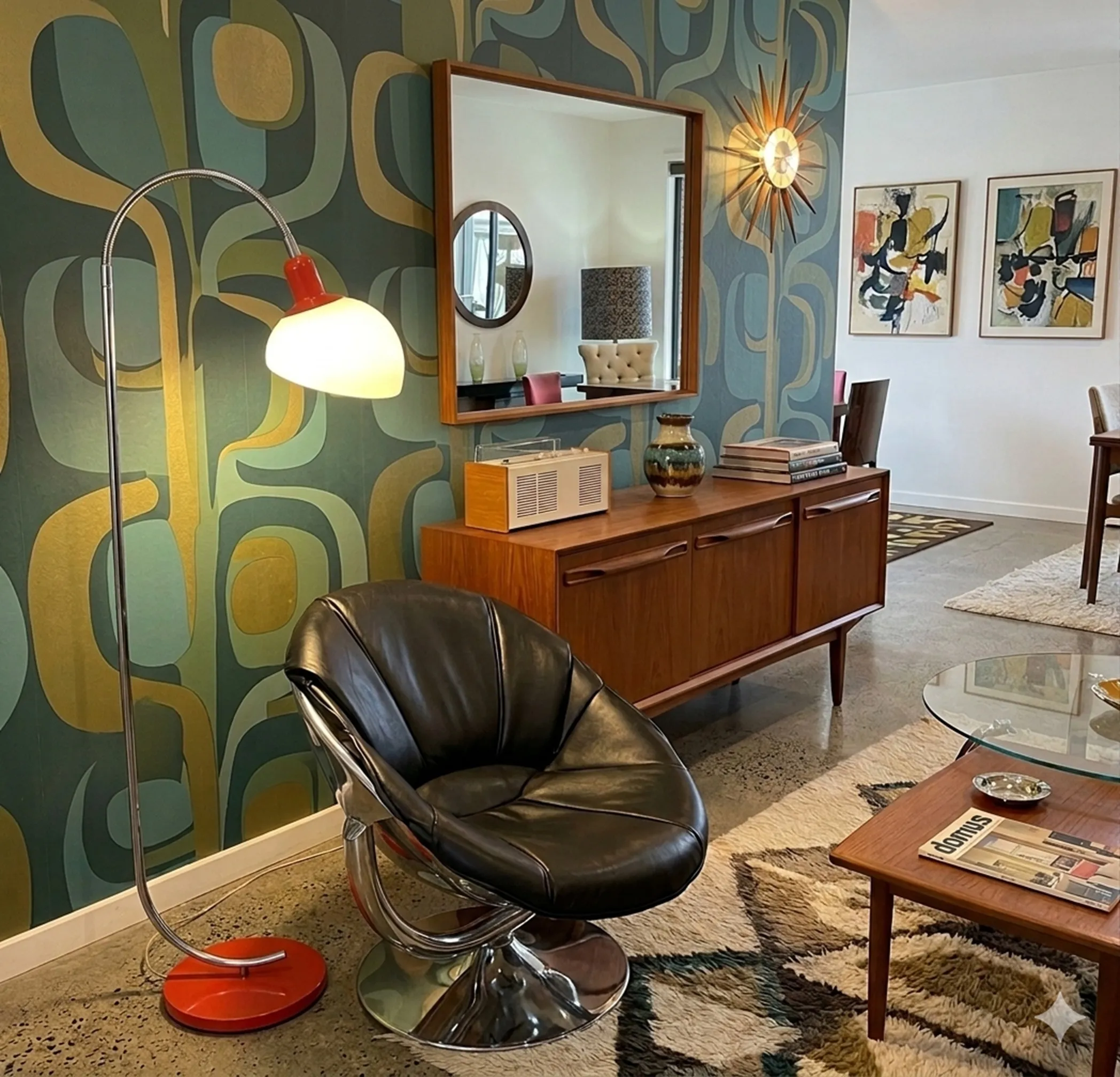 Antique floor lamp with red base, illuminating a modern setting.