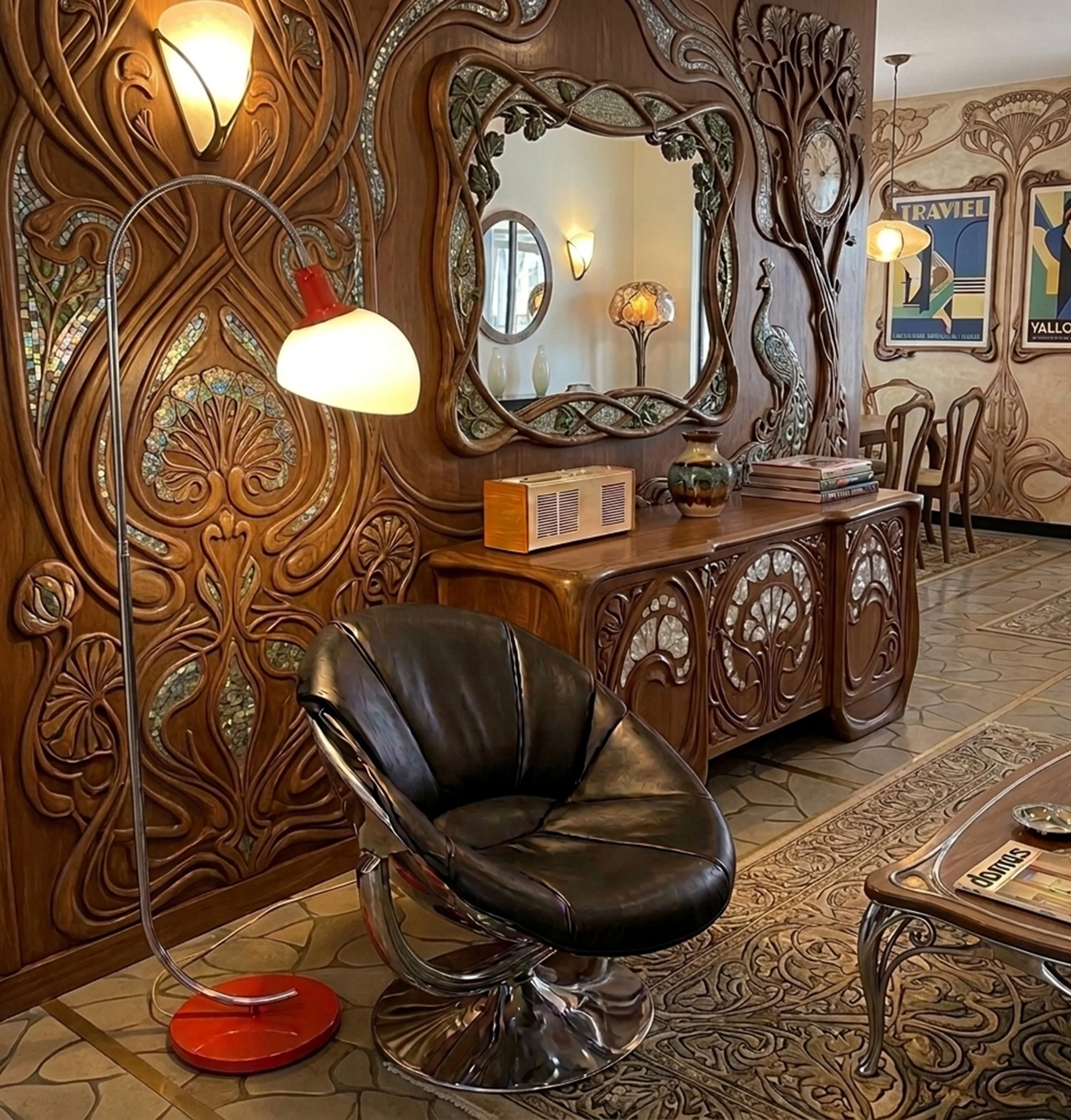 Antigua lámpara de pie con base roja en un ambiente decorativo.