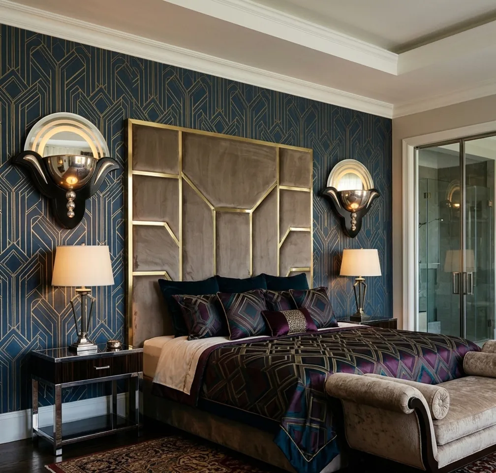 Antiguo par de apliques en las paredes de un dormitorio elegante, con diseño art deco.