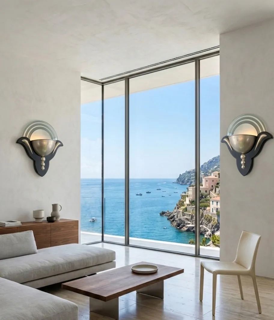 antique wall sconces in a modern setting by the sea