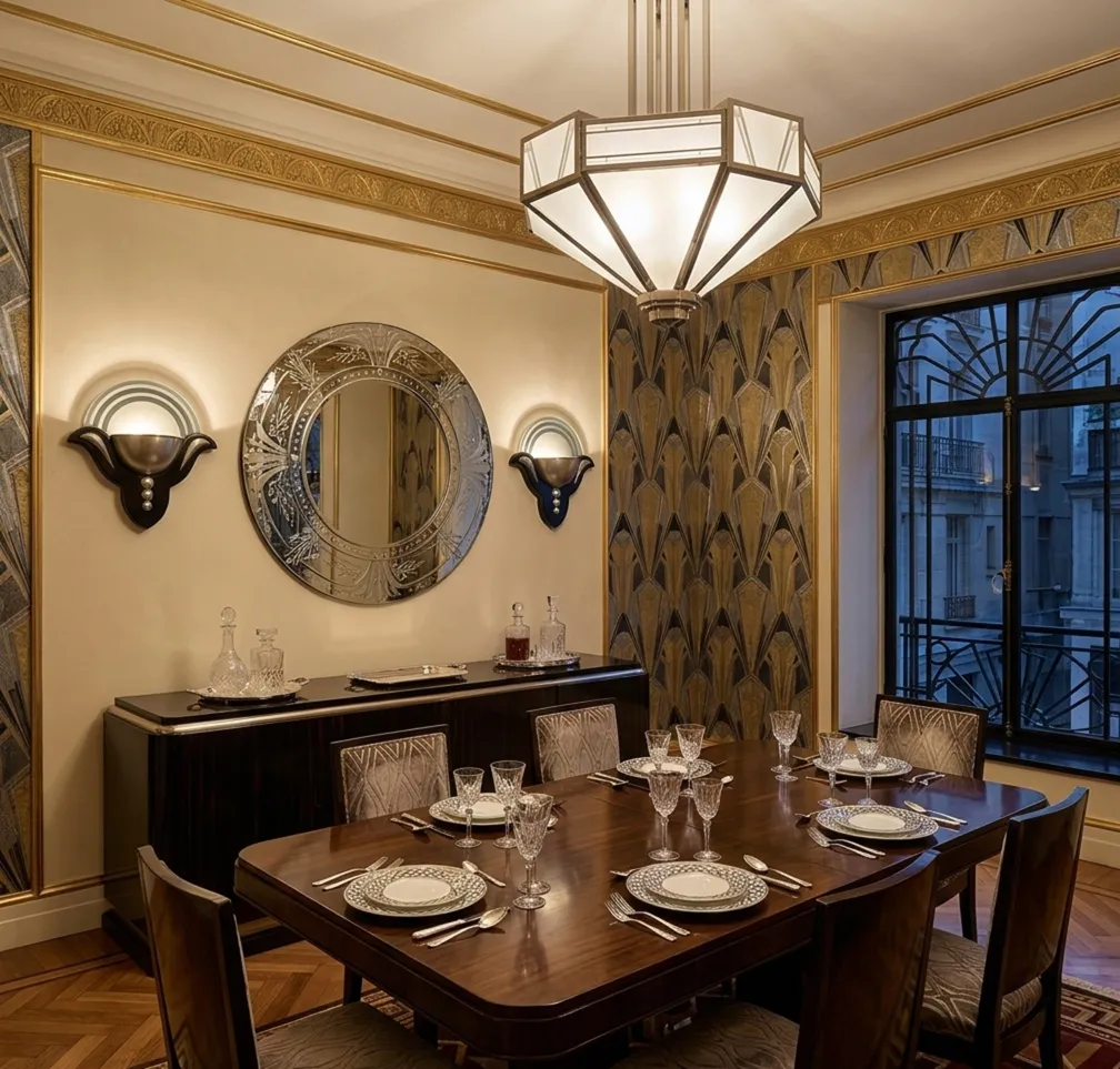 Ensemble d'appliques murales anciennes avec un design Art Deco dans une salle à manger élégante.