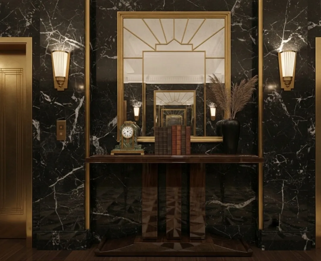 consola antiga em ambiente luxuoso com espelho e luz