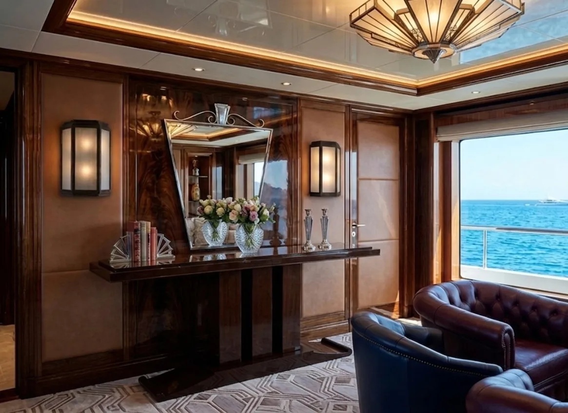 Antiga consola decorativa em um ambiente luxuoso com vista para o mar, acompanhada de vasos de flores.