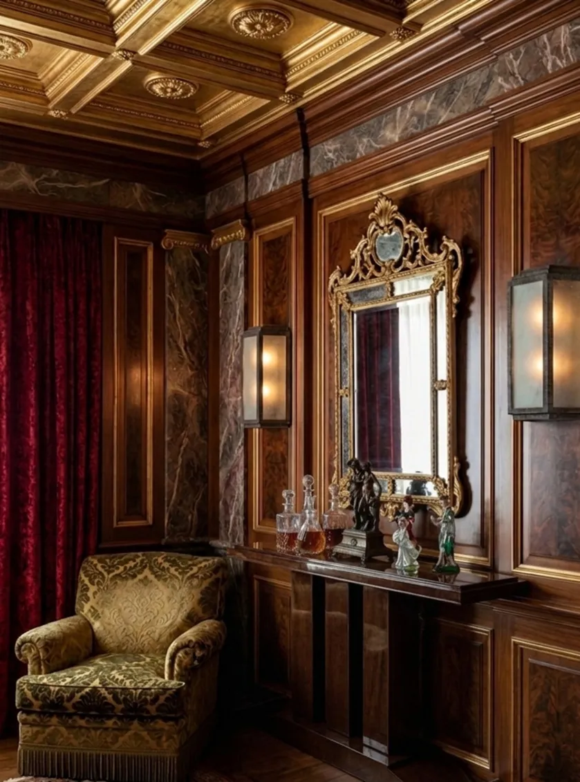 antigua consola decorativa junto a un sillón verde y cortinas rojas.