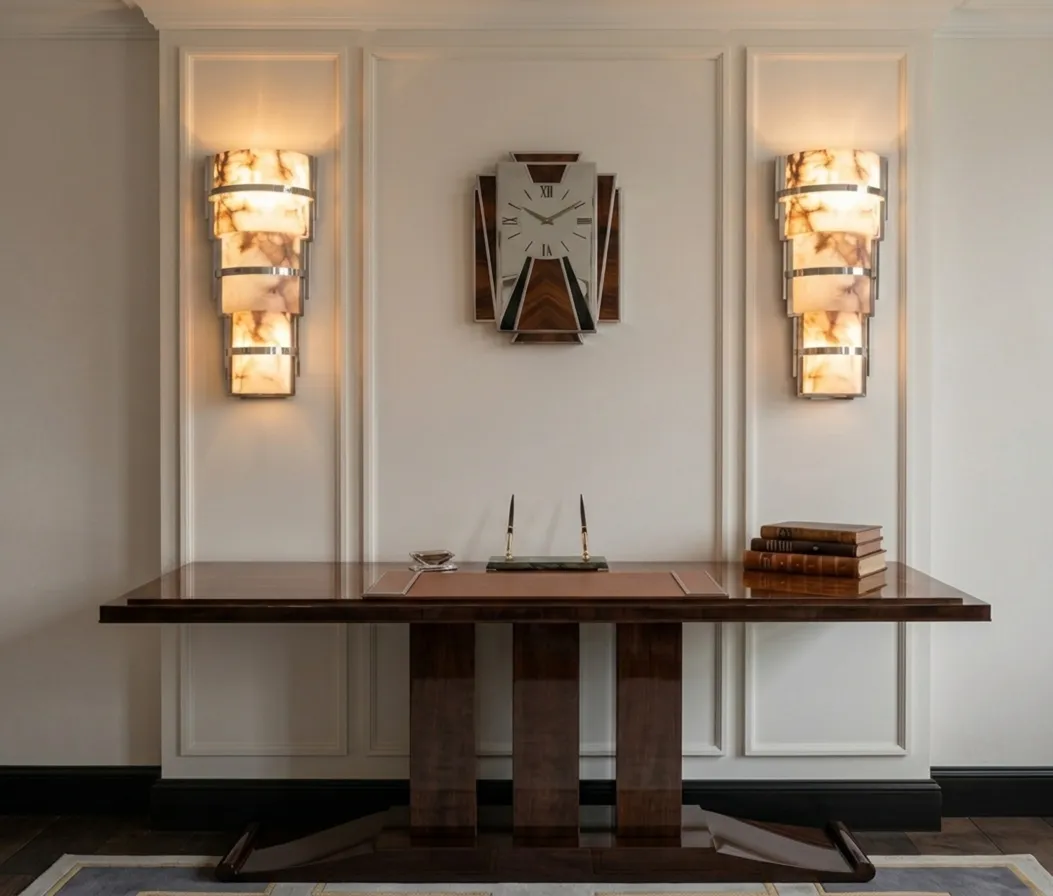 elegant vintage console with pens and books