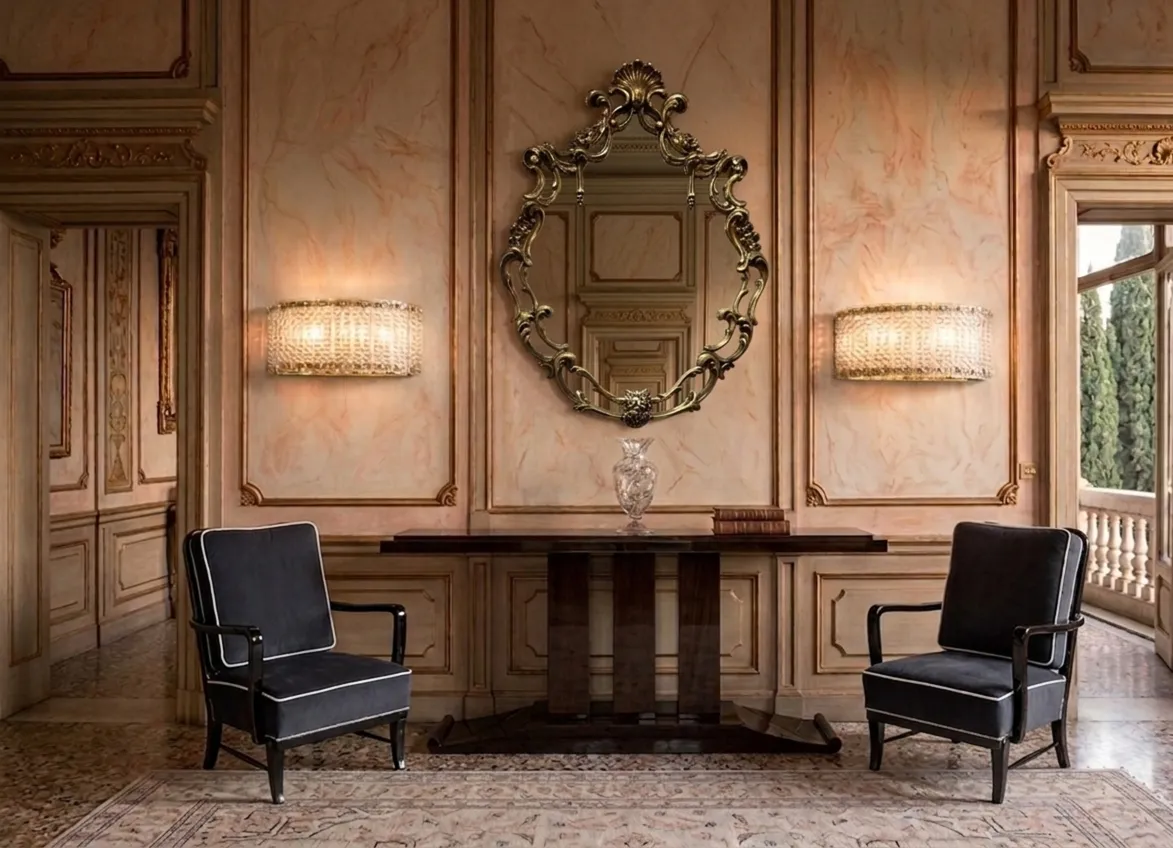 consola antiga em um ambiente elegante com cadeiras