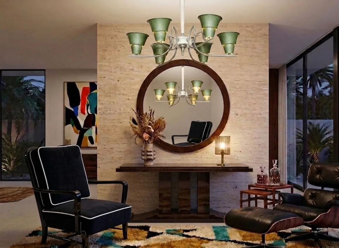 console antica decorativa con specchio e lampade