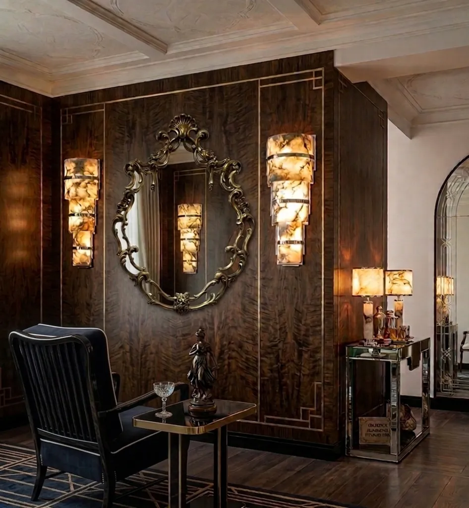 miroir ancien décoratif sur mur en bois sombre avec lumières