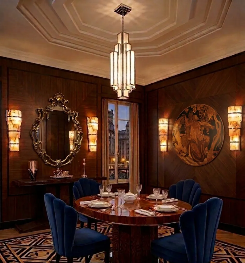 Miroir ancien décoratif dans une salle à manger élégante, style art nouveau.