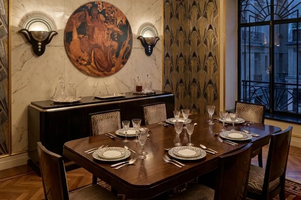 table avec ancienne marqueterie dans une salle à manger élégante