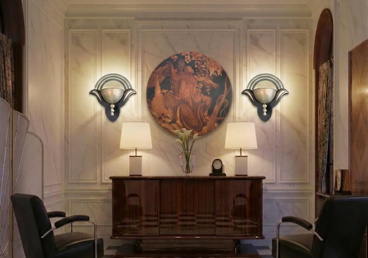 interior scene with antique marquetry art on wall