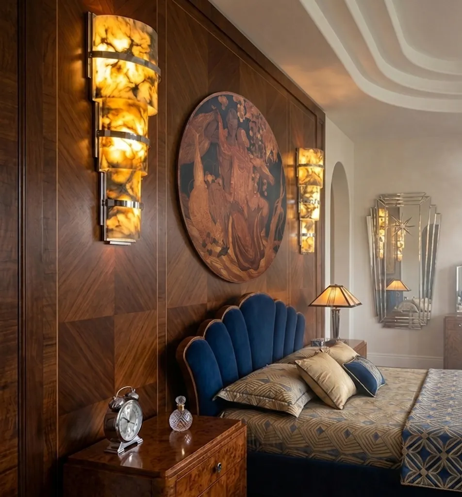 Antico intarsio decorativo con design intricato e colori morbidi in un ambiente elegante