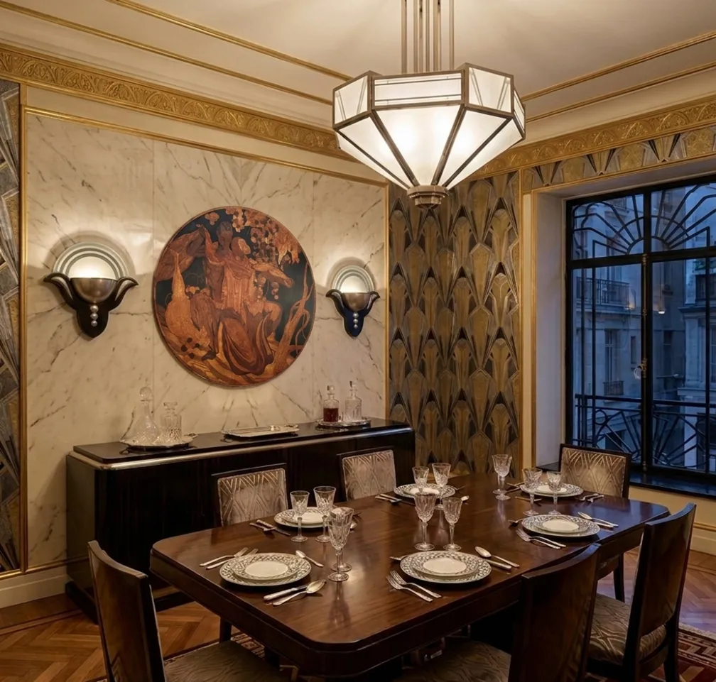 Antique marquetry decoration on wall with soft lighting