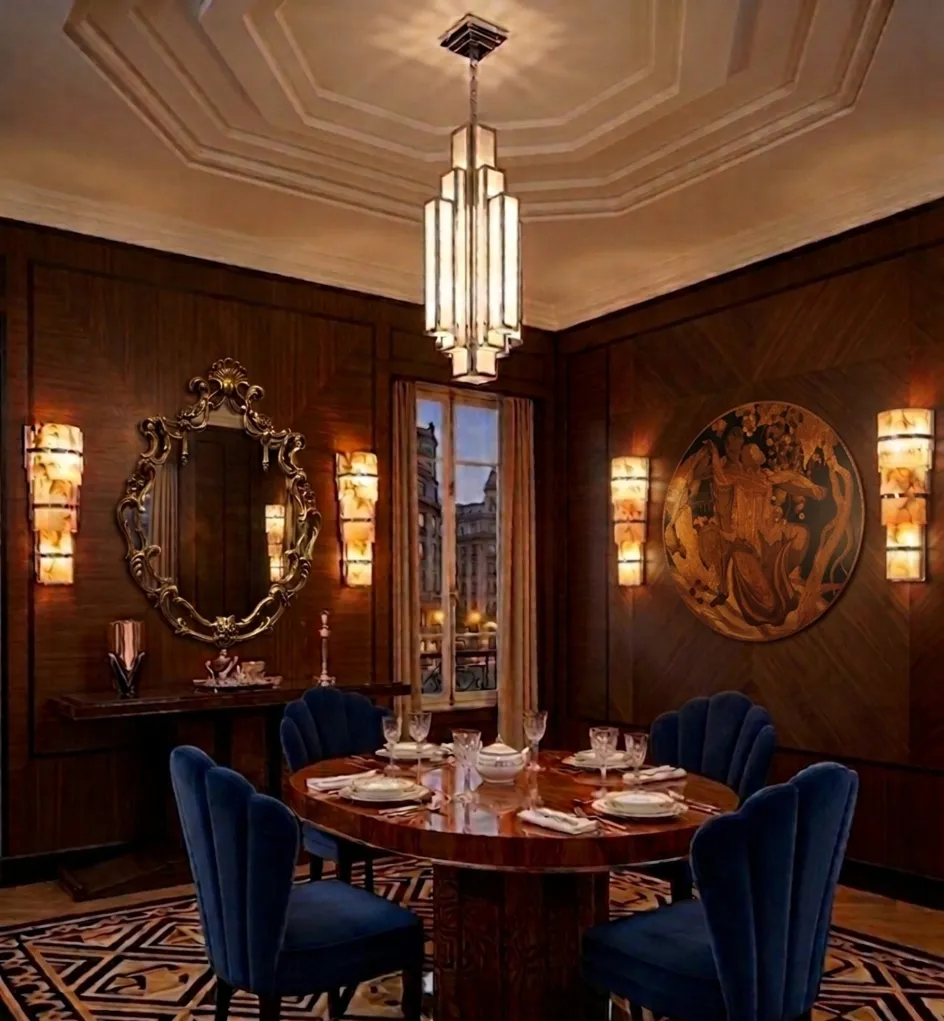 elegant room with antique marquetry on the wall