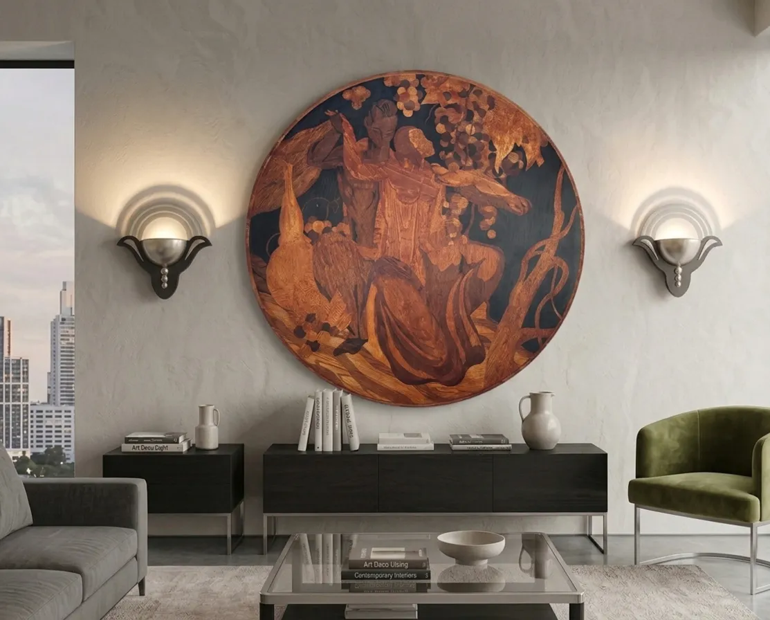 antico intarsio decorativo con figure in tonalità calde