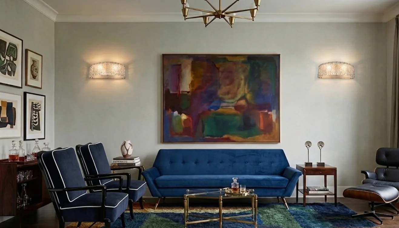 Zwei antike Armlehnstühle mit elegantem Design in einem bunten Wohnzimmer mit Wandkunst.